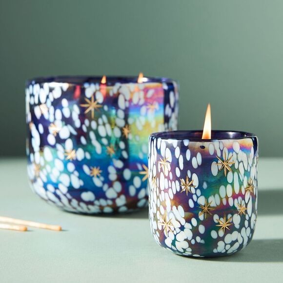 Anthropologie Festive Cedar & Cypress Gilded Large Glass Candle-Navy - Picture 1 of 6